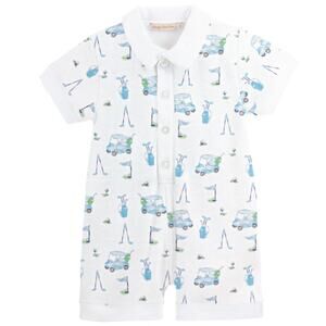 Baby Club Chic Baby Light Blue Candy Cart Golf Printed Collar Romper Size 12-18M